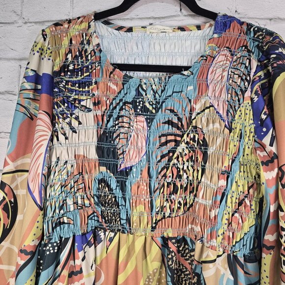 WOMENS COTTON BLEU BOHO MIDI DRESS PEASANT SLEEVES PRINT GATHERED BODICE SIZE SM - Picture 7 of 8